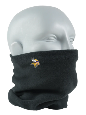 Black fleece neck gaiter with a Vikings logo on a white background