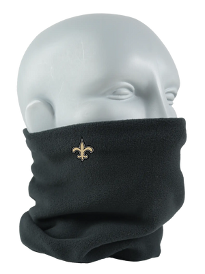 Black Seirus Micro Neck-Up with New Orleans Saints logo, angled front view