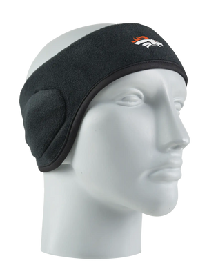 Black headband with a Broncos logo on a mannequin head against a white background