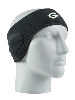 Black headband with a Packers logo on a mannequin head against a white background