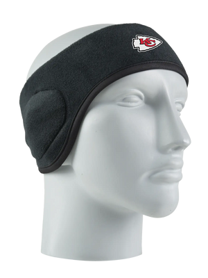 Black headband with a Chiefs logo on a mannequin head against a white background