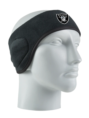 Black headband with a Raiders logo on a mannequin head against a white background
