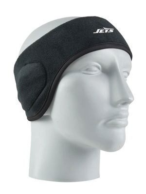 Black headband with a Jets logo on a mannequin head against a white background