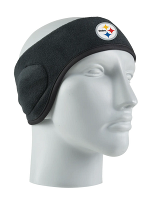 Black headband with a Steelers logo on a mannequin head against a white background