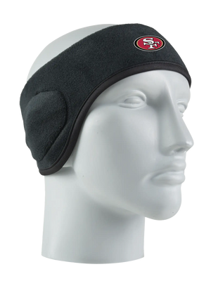 Black headband with a 49ers logo on a mannequin head against a white background