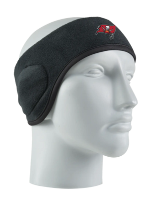 Black headband with a Buccaneers logo on a mannequin head against a white background