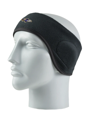 Black headband with a Ravens logo on a mannequin head against a white background