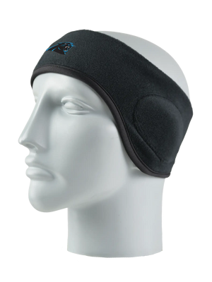 Black headband with a Panthers logo on a mannequin head against a white background