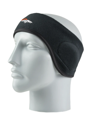 Black headband with a Broncos logo on a mannequin head against a white background