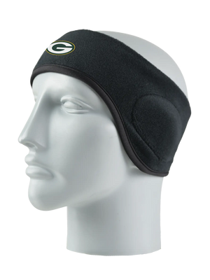 Black headband with a Packers logo on a mannequin head against a white background