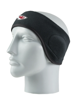 Black headband with a Chiefs logo on a mannequin head against a white background