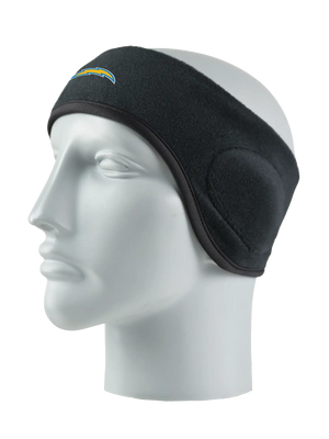 Black headband with a Chargers logo on a mannequin head against a white background