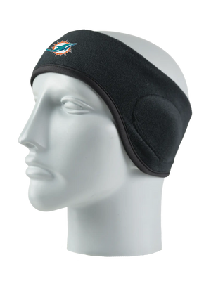 Black headband with a Dolphins logo on a mannequin head against a white background