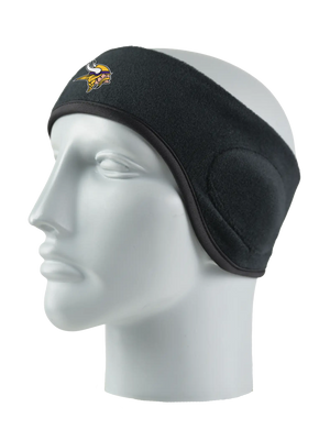 Black headband with a Vikings logo on a mannequin head against a white background