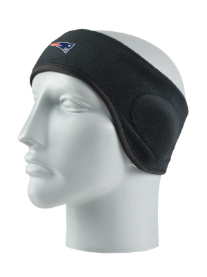 Black headband with a Patriots logo on a mannequin head against a white background