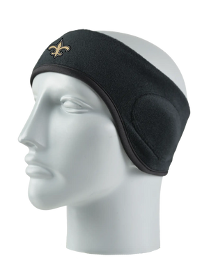 Black headband with a Saints logo on a mannequin head against a white background
