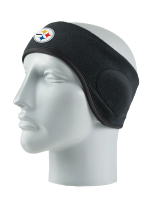 Black headband with a Steelers logo on a mannequin head against a white background