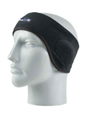Black headband with a Seahawks logo on a mannequin head against a white background