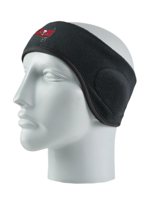 Black headband with a Buccaneers logo on a mannequin head against a white background