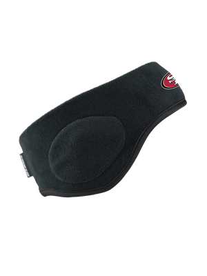 Black headband with a 49ers logo on a mannequin head against a white background