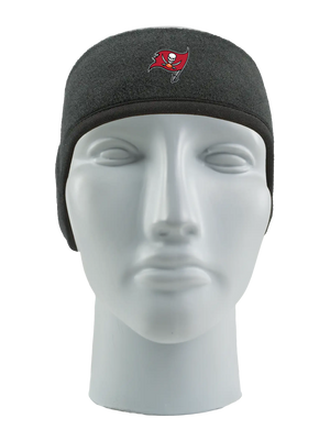 Black headband with a Buccaneers logo on a mannequin head against a white background