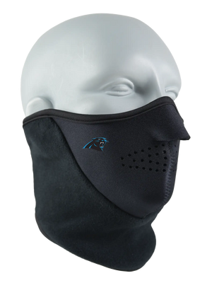 Black Neofleece Combo Scarf with a Panthers logo on cheek area against a white background