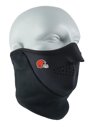 Black Neofleece Combo Scarf with a Browns logo on cheek area against a white background