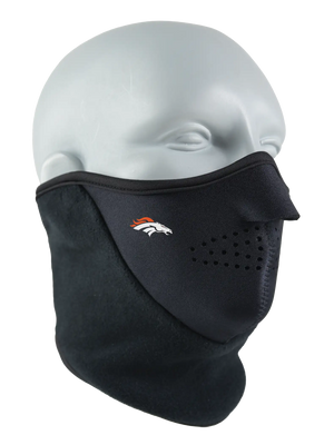 Black Neofleece Combo Scarf with a Broncos logo on cheek area against a white background