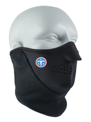 Black Neofleece Combo Scarf with a Titans logo on cheek area against a white background