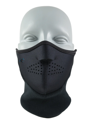 Black Neofleece Combo Scarf with a Panthers logo on cheek area against a white background