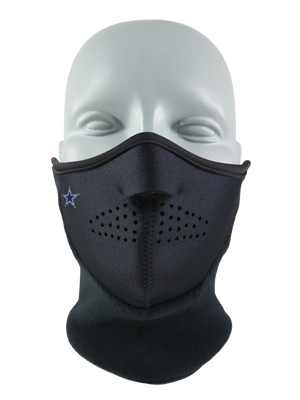 Black face mask with a Dallas Cowboys logo on the right cheek on a white background