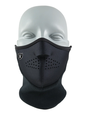 Black Neofleece Combo Scarf with a Raiders logo on cheek area against a white background