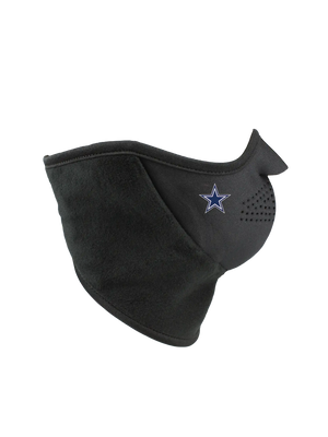 Black face mask with a Dallas Cowboys logo on the right cheek on a white background