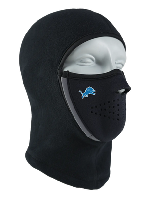 Black Magnemask Combo Clava with a Lions logo on cheek area against a white background