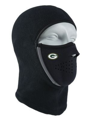 Black Magnemask Combo Clava with a Packers logo on cheek area against a white background