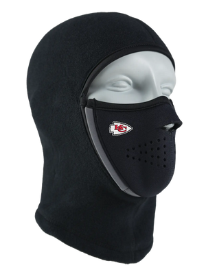 Black Magnemask Combo Clava with a Chiefs logo on cheek area against a white background