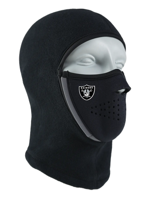 Black Magnemask Combo Clava with a Raiders logo on cheek area against a white background