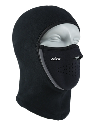 Black Magnemask Combo Clava with a Jets logo on cheek area against a white background