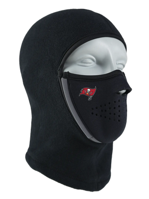 Black Magnemask Combo Clava with a Buccaneers logo on cheek area against a white background