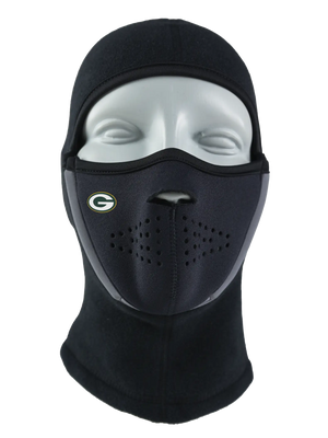 Black Magnemask Combo Clava with a Packers logo on cheek area against a white background
