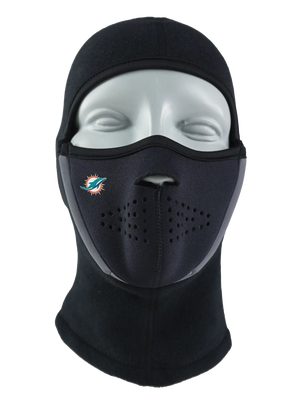 Black Magnemask Combo Clava with a Dolphins logo on cheek area against a white background
