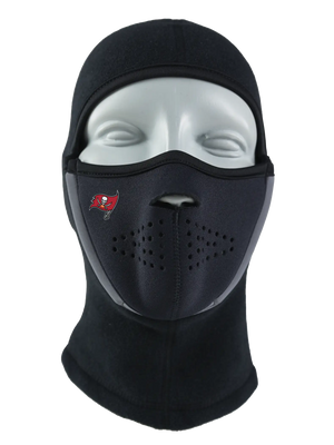 Black Magnemask Combo Clava with a Buccaneers logo on cheek area against a white background