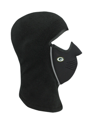 Black Magnemask Combo Clava with a Packers logo on cheek area against a white background
