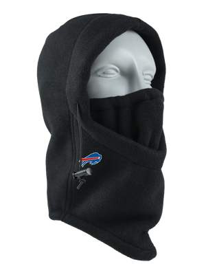A black fleece hood with a drawstring closure and a Bills logo embroidered on the side, shown against a plain white background