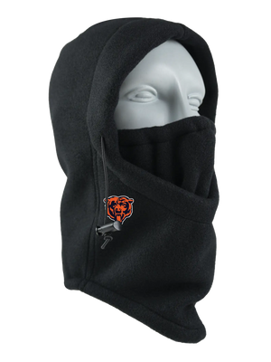 A black fleece hood with a drawstring closure and a Bears logo embroidered on the side, shown against a plain white background