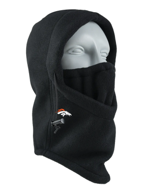 A black fleece hood with a drawstring closure and a Broncos logo embroidered on the side, shown against a plain white background
