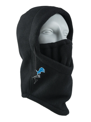 A black fleece hood with a drawstring closure and a Lions logo embroidered on the side, shown against a plain white background