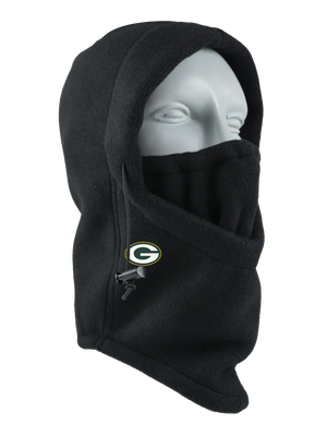 A black fleece hood with a drawstring closure and a Packers logo embroidered on the side, shown against a plain white background