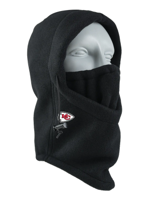 A black fleece hood with a drawstring closure and a Chiefs logo embroidered on the side, shown against a plain white background