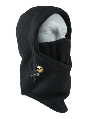 A black fleece hood with a drawstring closure and a Vikings logo embroidered on the side, shown against a plain white background.